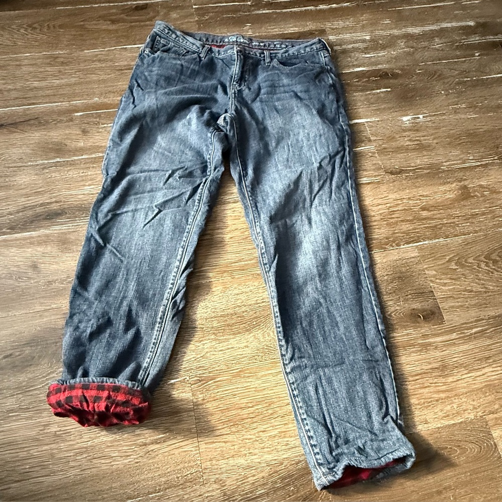 Women’s Blue Denim Jeans with Red Plaid Lining